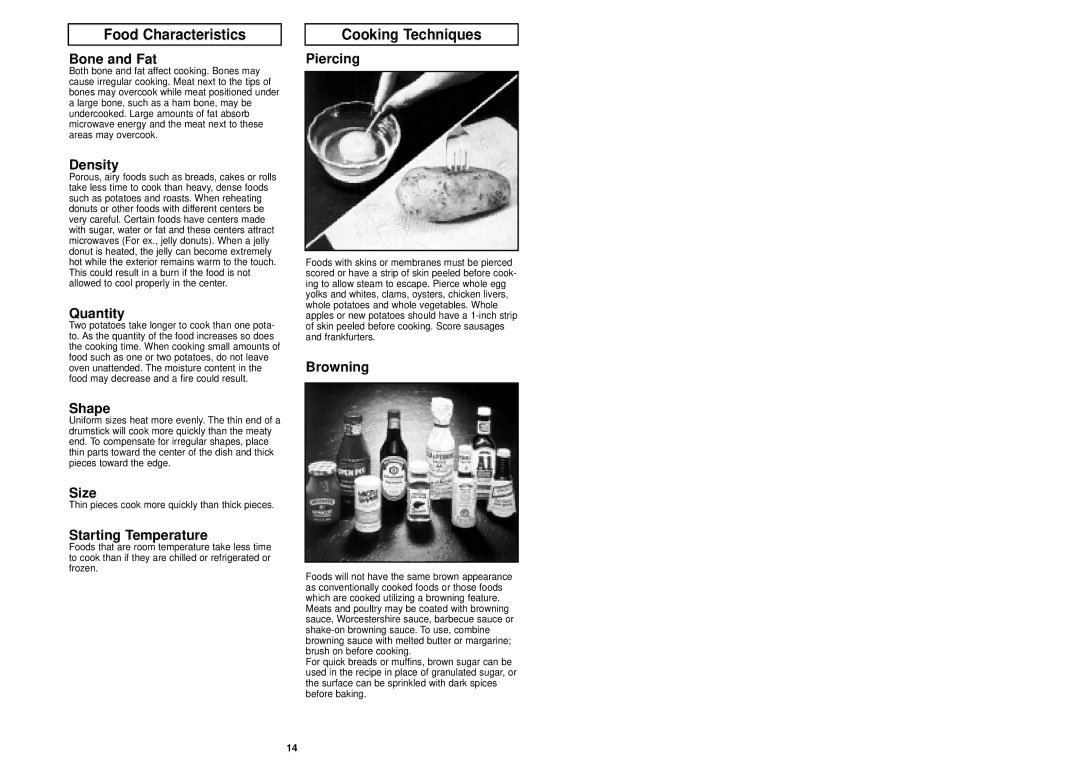 Panasonic NN-S433WL, NN-S433BL manual Food Characteristics, Cooking Techniques 