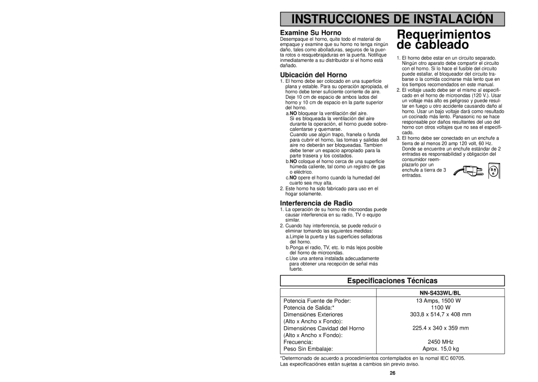 Panasonic NN-S433WL, NN-S433BL Especificaciones Técnicas, Examine Su Horno, Ubicación del Horno, Interferencia de Radio 