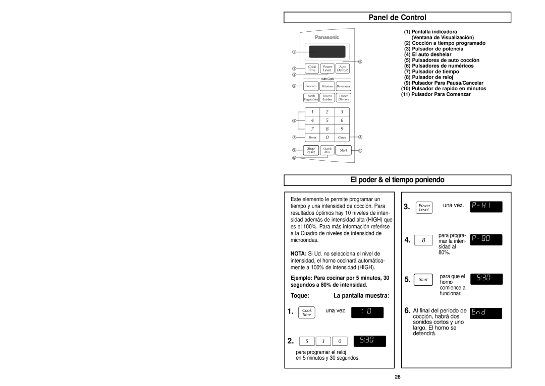 Panasonic NN-S433WL, NN-S433BL manual Panel de Control, El poder & el tiempo poniendo 