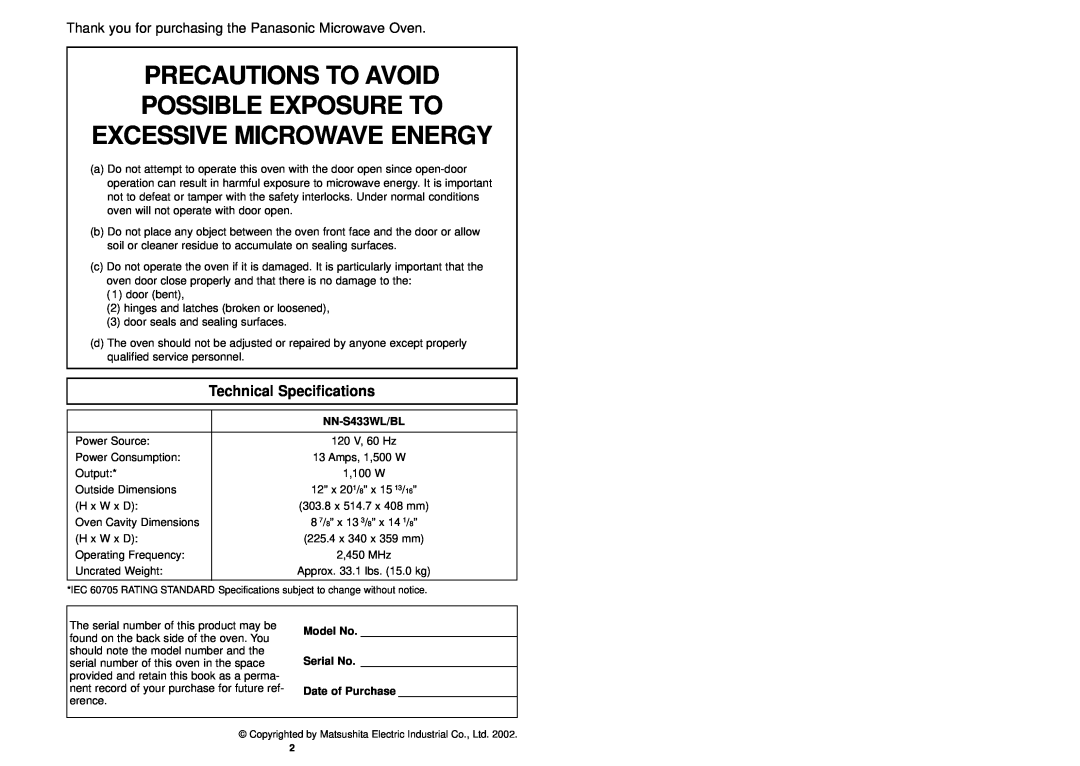 Panasonic NN-S433WL manual Precautions To Avoid Possible Exposure To, Excessive Microwave Energy, Technical Specifications 