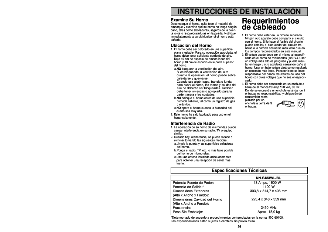 Panasonic NN-S433WL Instrucciones De Instalación, Requerimientos, de cableado, Especificaciones Técnicas, Examine Su Horno 