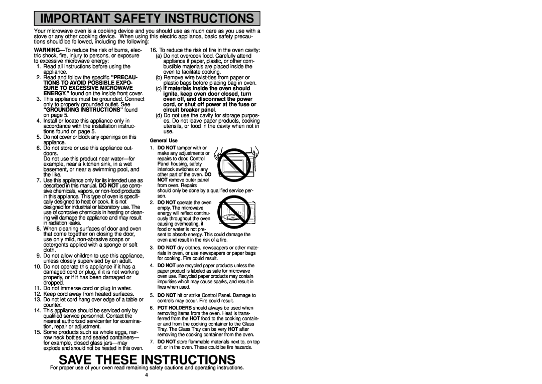 Panasonic NN-S433WL, NN-S433BL manual Important Safety Instructions, Save These Instructions 