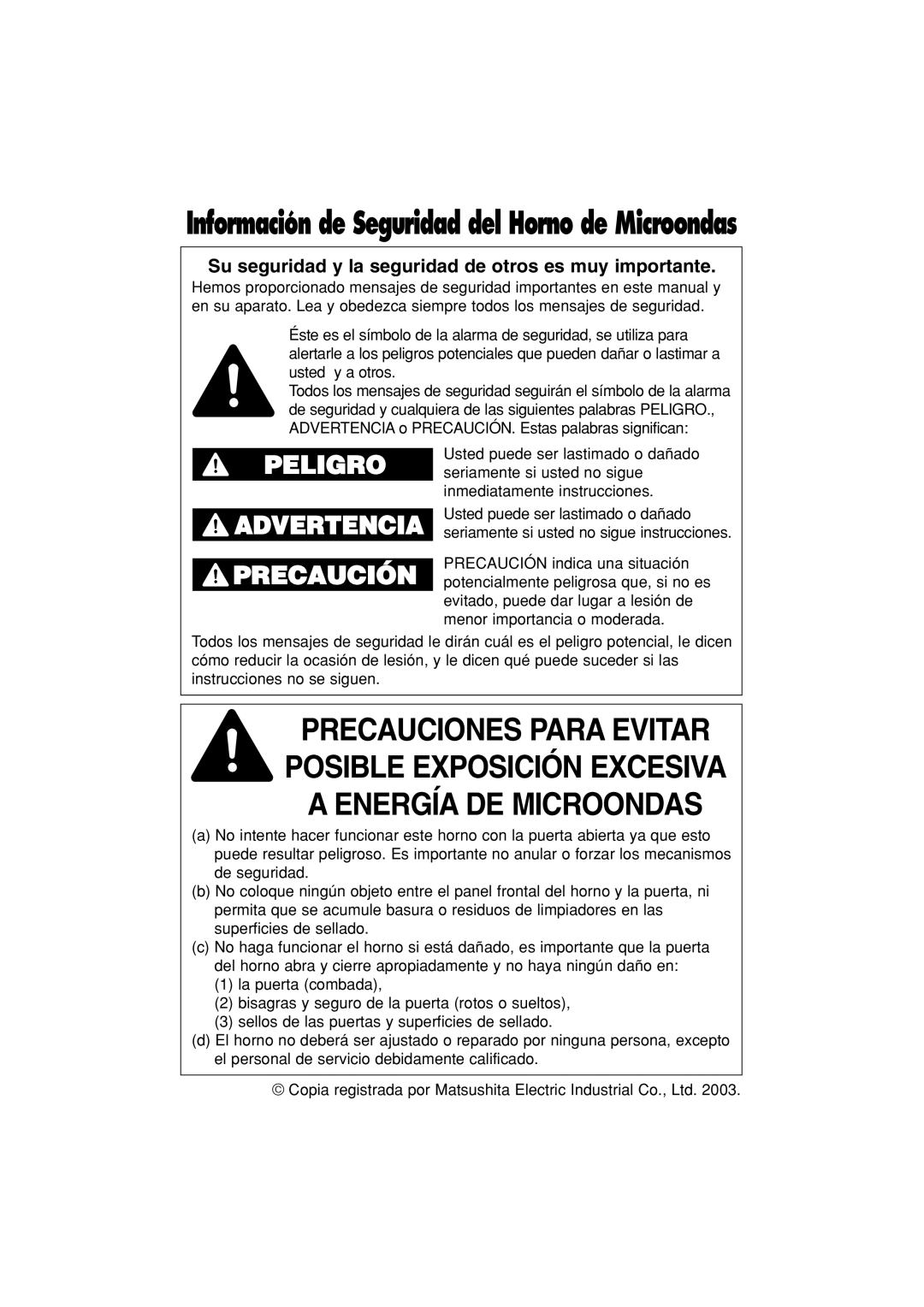 Panasonic NN-S443 Información de Seguridad del Horno de Microondas, Su seguridad y la seguridad de otros es muy importante 