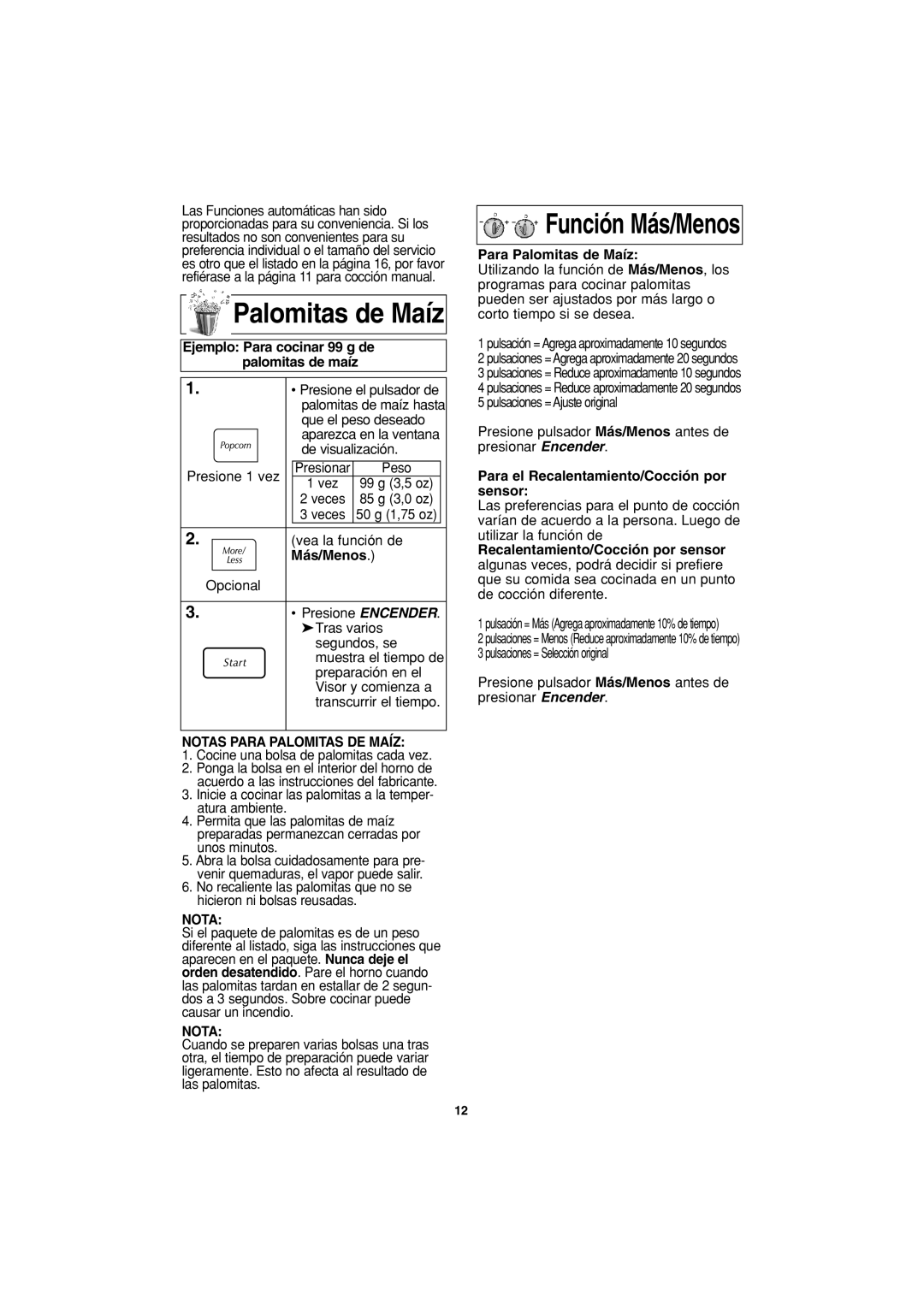 Panasonic NN-S443 important safety instructions Palomitas de Maíz, Notas Para Palomitas DE Maíz 