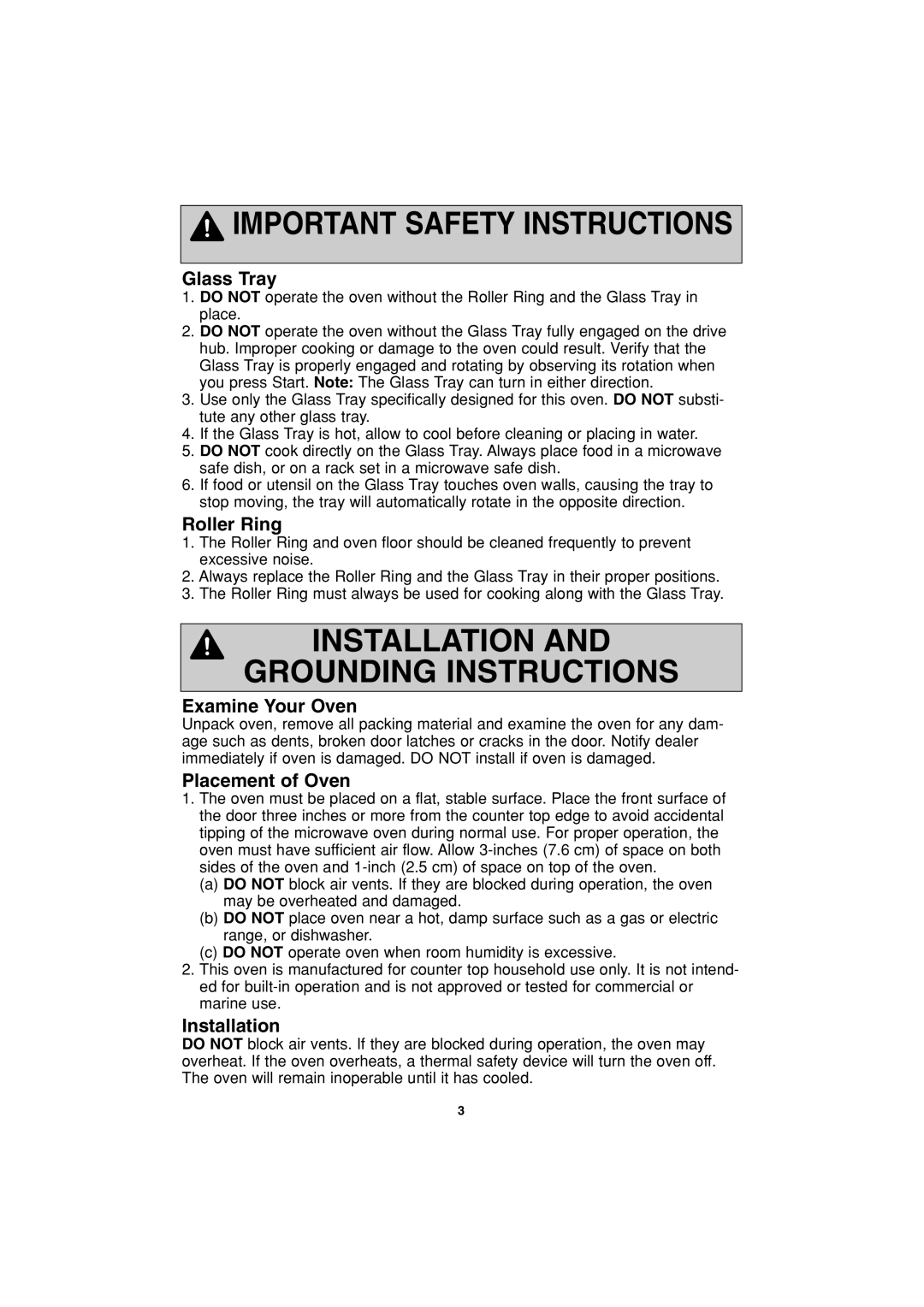 Panasonic NN-S443 important safety instructions Glass Tray, Roller Ring, Examine Your Oven, Placement of Oven, Installation 