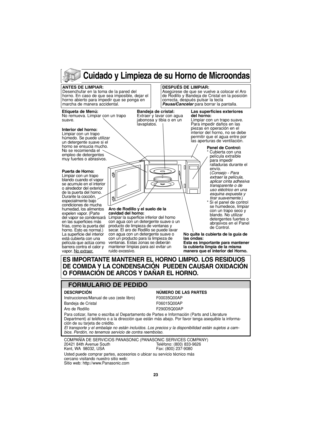 Panasonic NN-S443 important safety instructions Cuidado y Limpieza de su Horno de Microondas, Formulario DE Pedido 