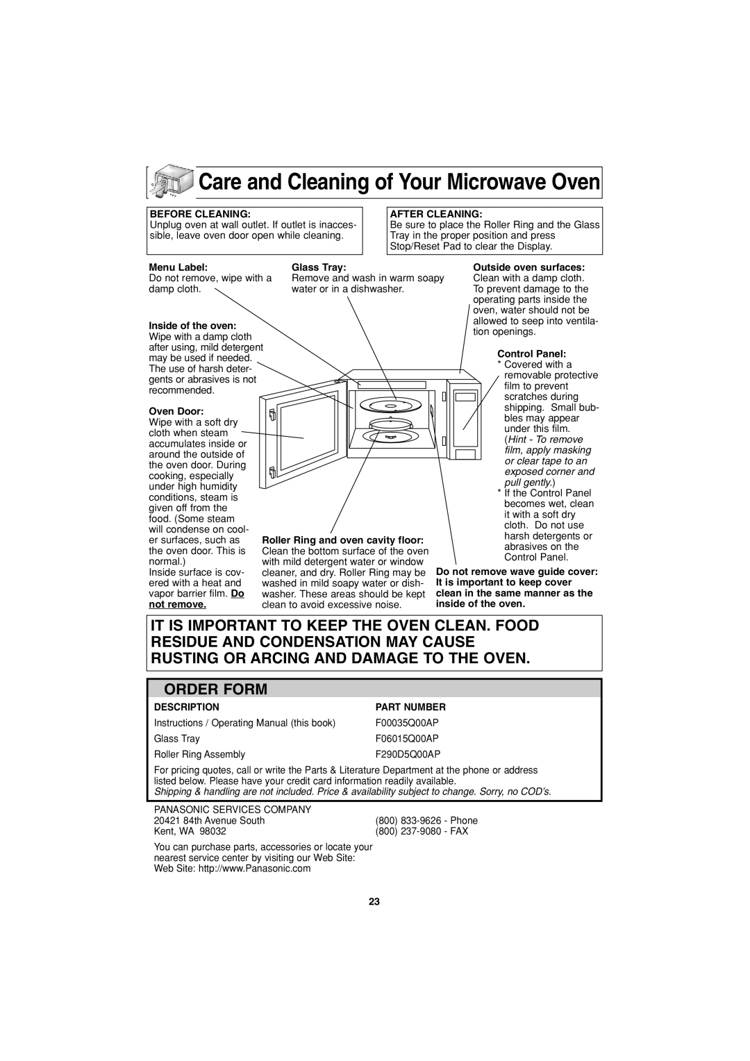 Panasonic NN-S443 Care and Cleaning of Your Microwave Oven, Order Form, Before Cleaning, After Cleaning, Menu Label 