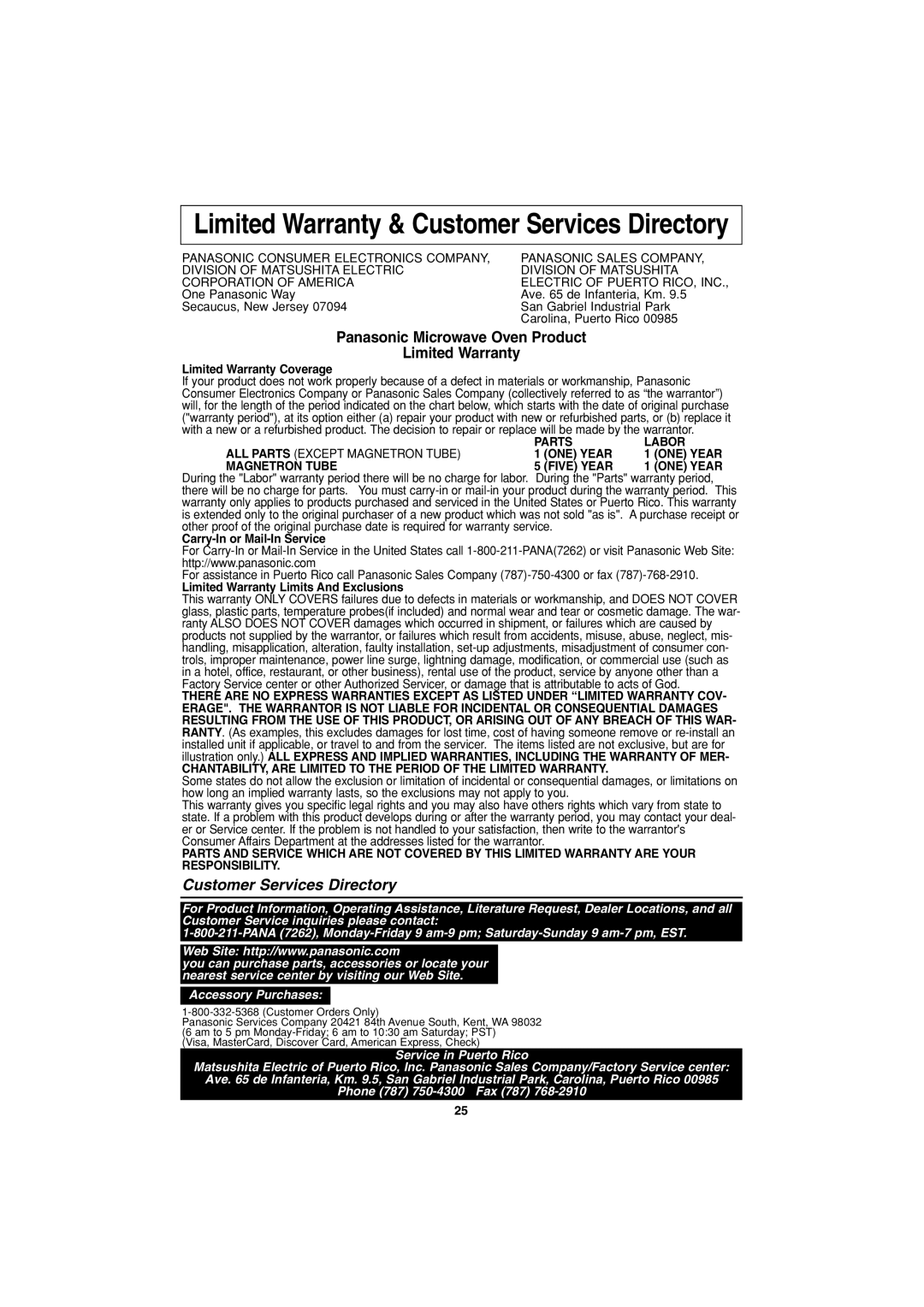 Panasonic NN-S443 Limited Warranty & Customer Services Directory, Limited Warranty Coverage, Parts, Labor, One Year 