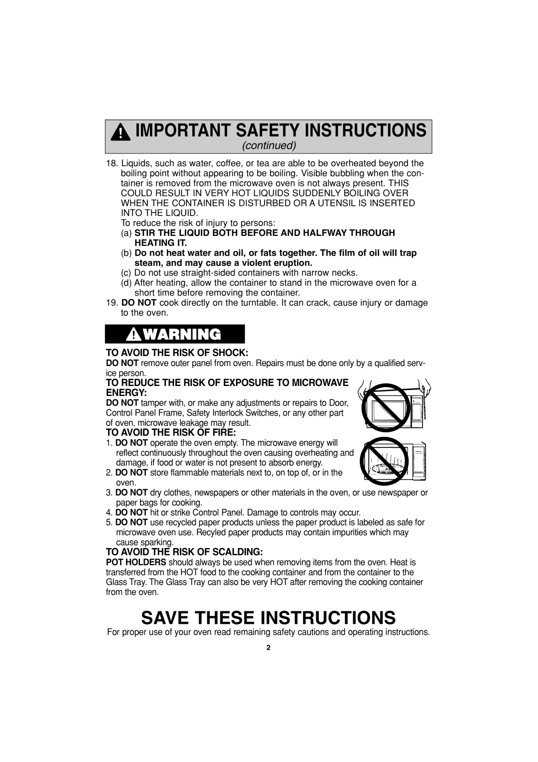 Panasonic NN-S443 Save These Instructions, continued, To Avoid The Risk Of Shock, To Avoid The Risk Of Fire 
