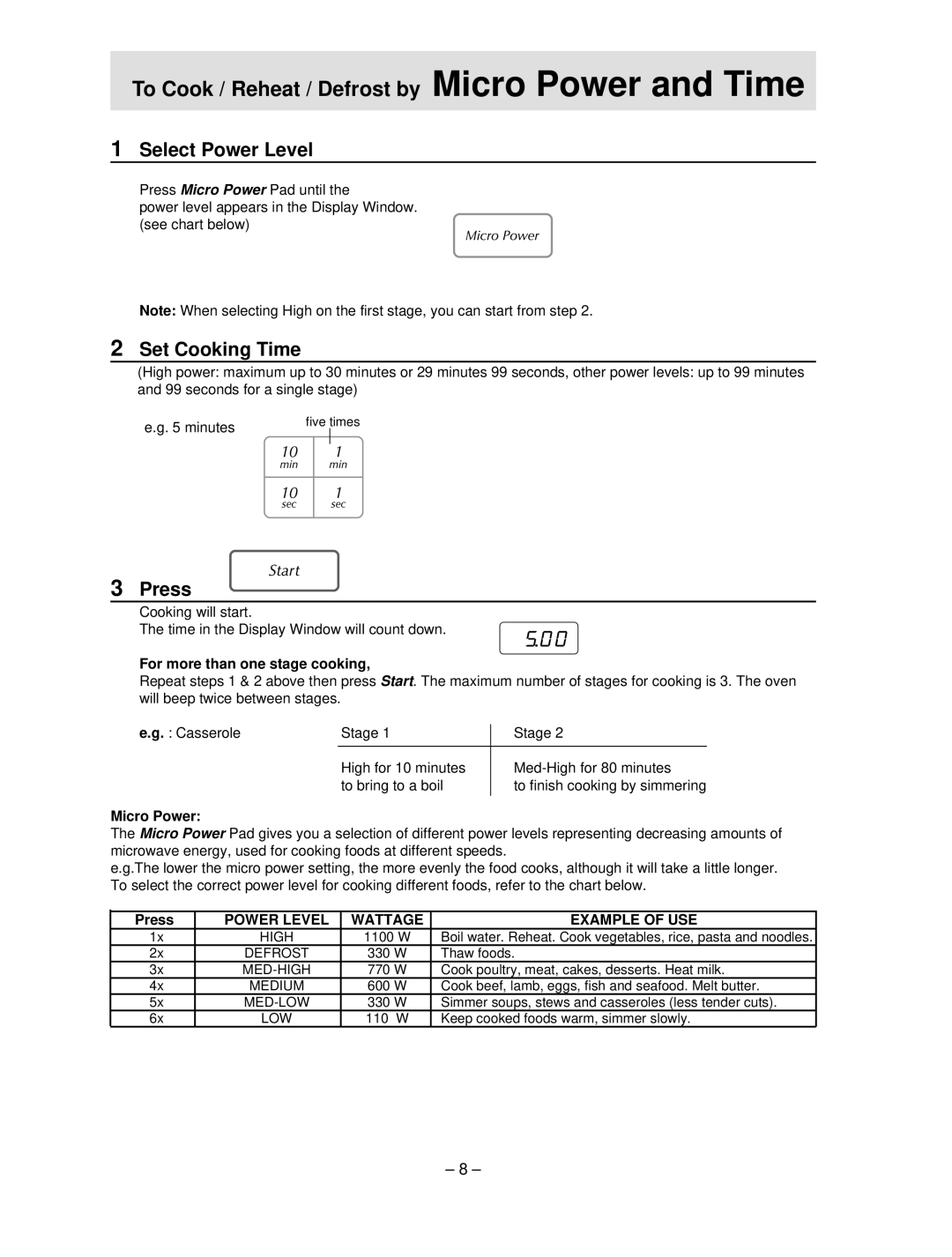 Panasonic NN-S454 manual Set Cooking Time, For more than one stage cooking, Micro Power, Press 