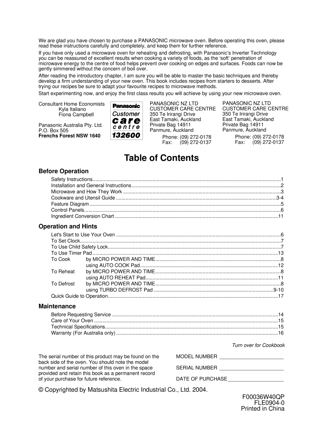 Panasonic NN-S454 manual Table of Contents 