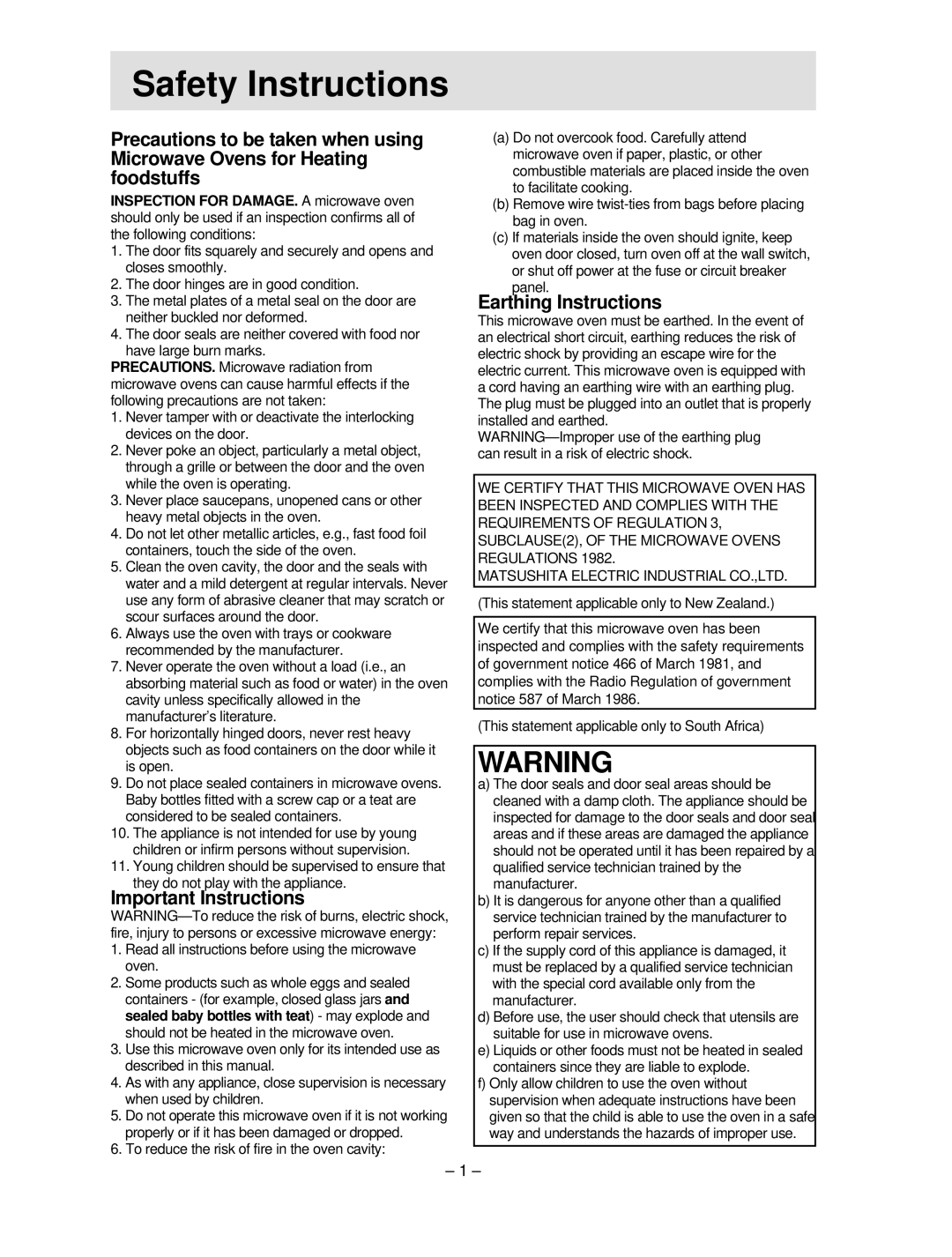 Panasonic NN-S454 manual Important Instructions, Earthing Instructions 