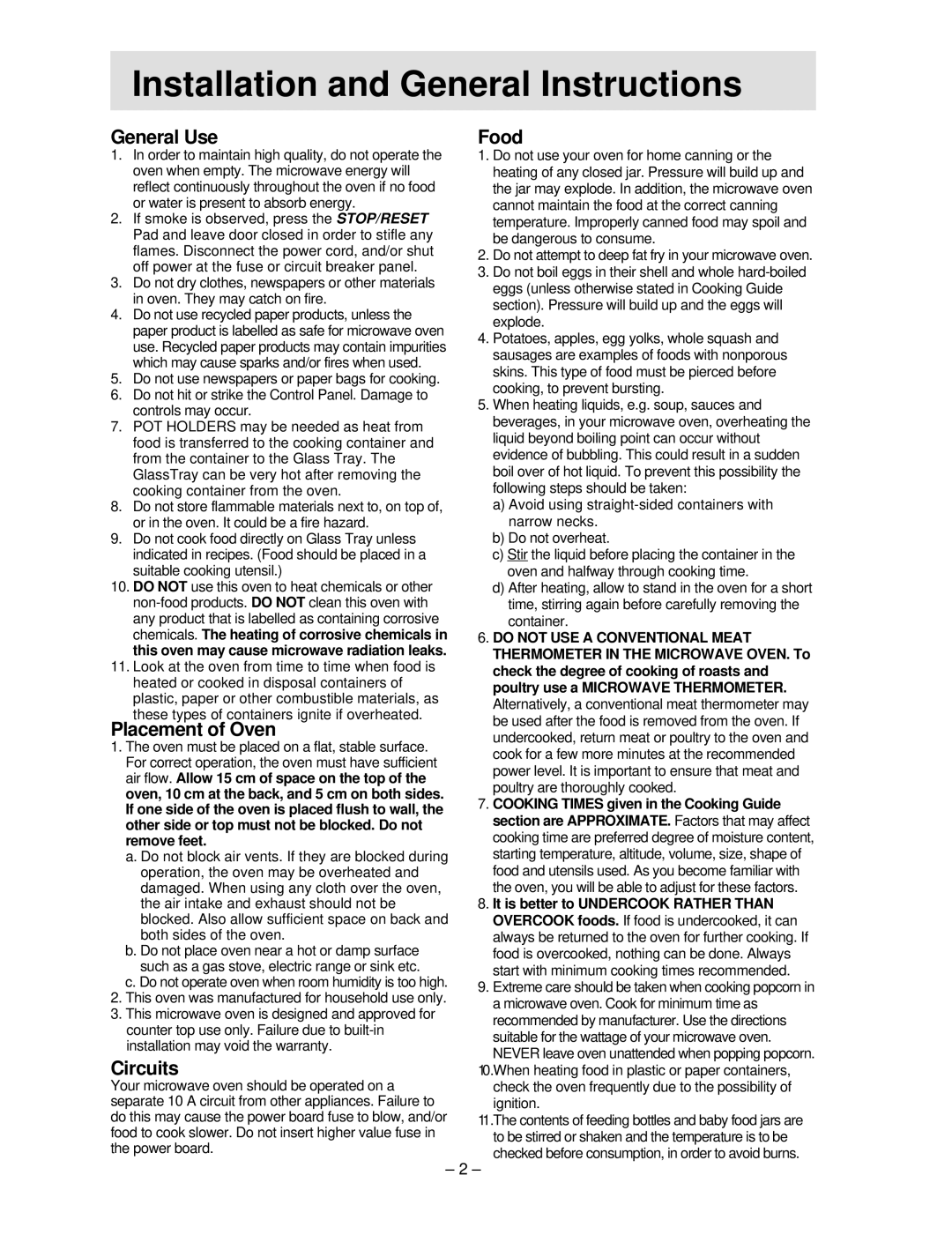 Panasonic NN-S454 manual HInstallationh and General Instructions, General Use, Placement of Oven, Circuits, Food 