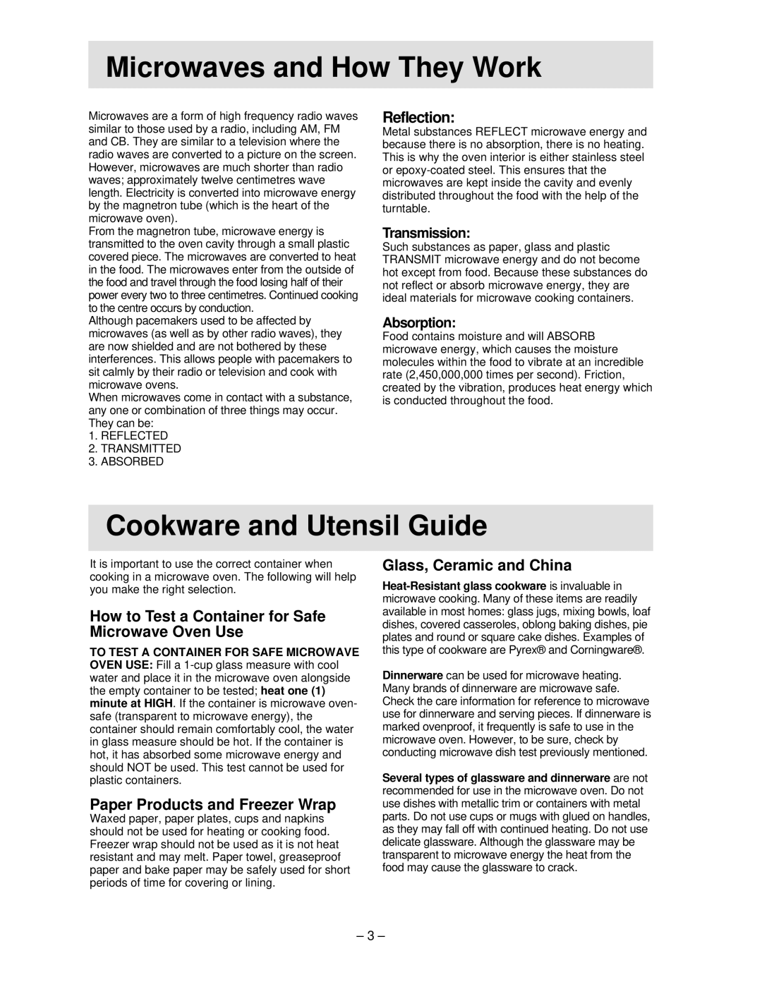 Panasonic NN-S454 manual HMicrowavesh and How They Work, Cookware and Utensil Guide 