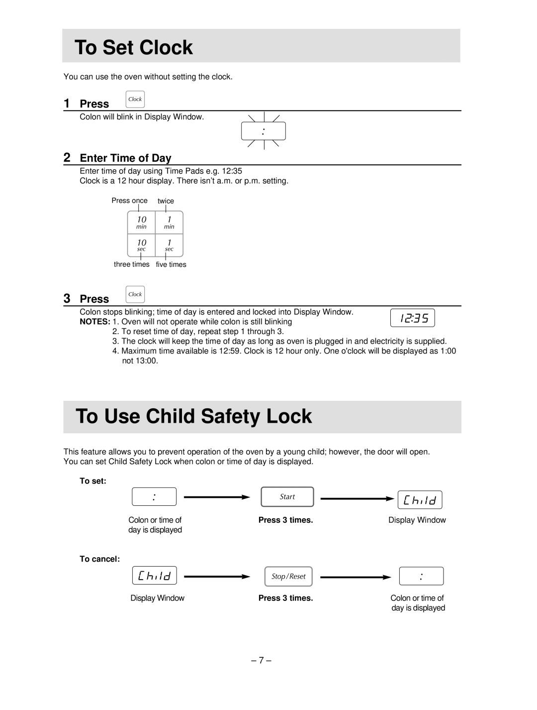 Panasonic NN-S454 manual HTo Seth Clock, To Use Child Safety Lock, Enter Time of Day 