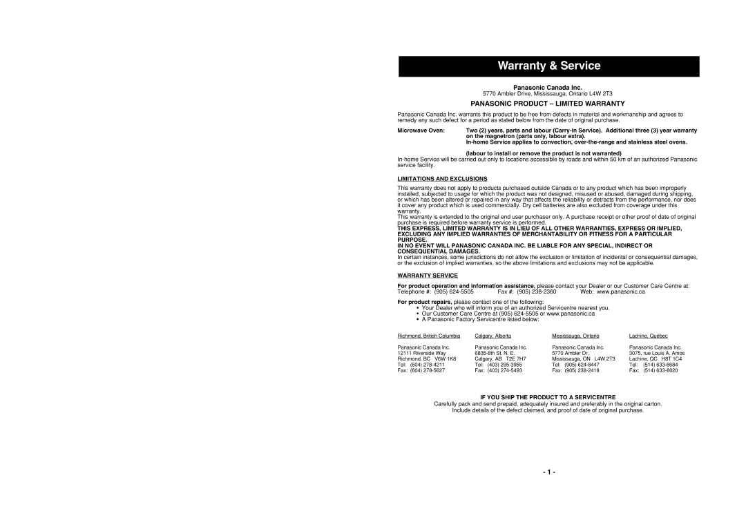 Panasonic NN-S512 manuel dutilisation Warranty & Service, Panasonic Product Limited Warranty 