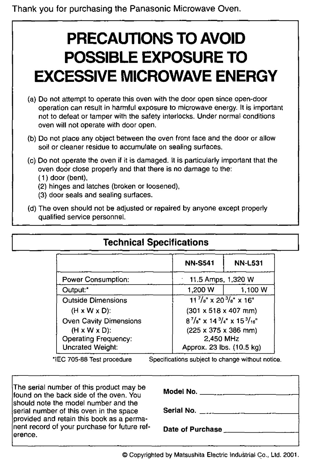 Panasonic NN-S541, NN-L531 manual 