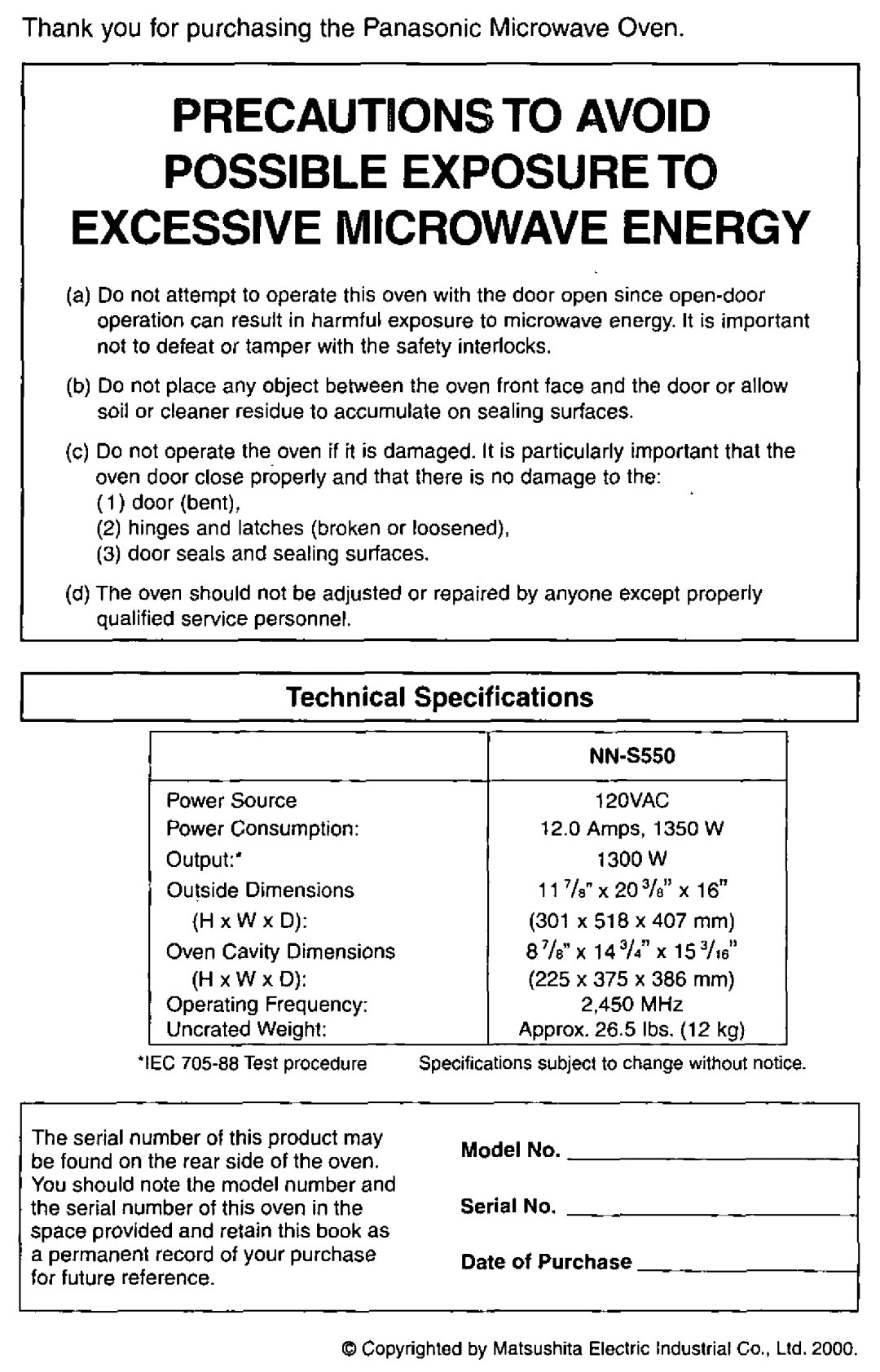 Panasonic NN-S550 manual 