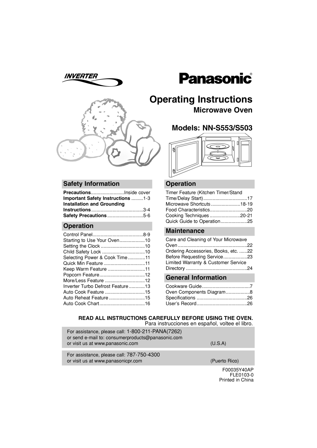 Panasonic NN-S503 important safety instructions Operating Instructions, Safety Information, Operation, Maintenance 