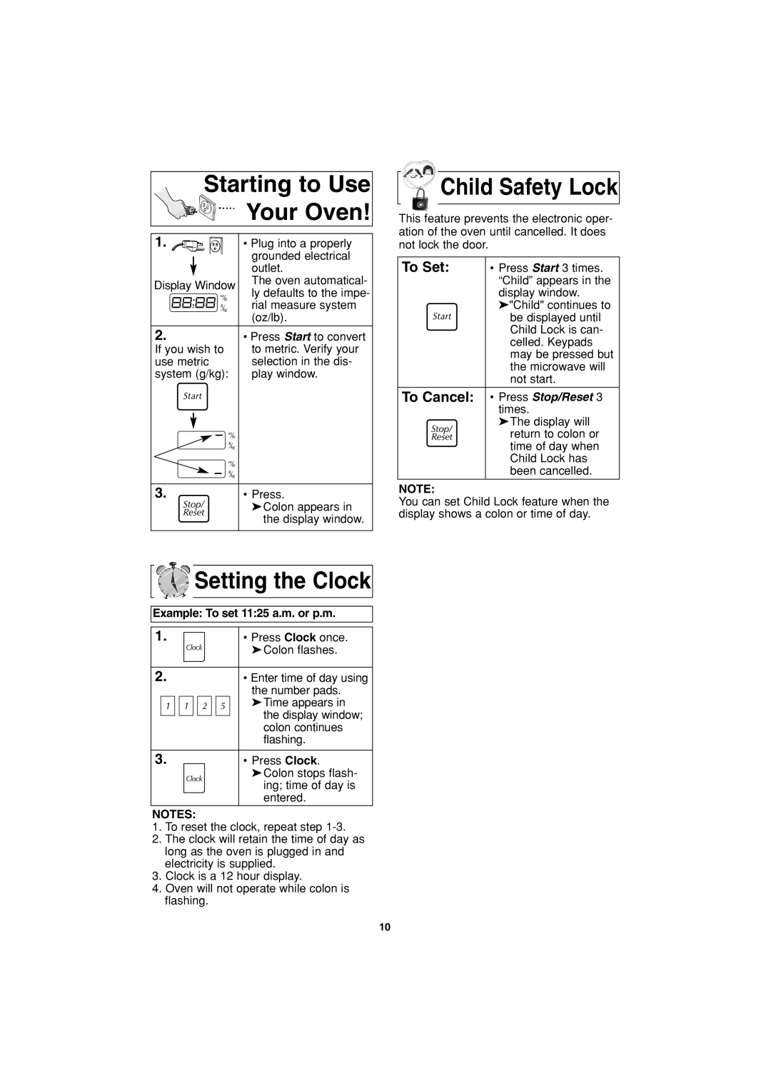 Panasonic NN-S553 Starting to Use Your Oven, Setting the Clock, Child Safety Lock, Example To set 1125 a.m. or p.m 