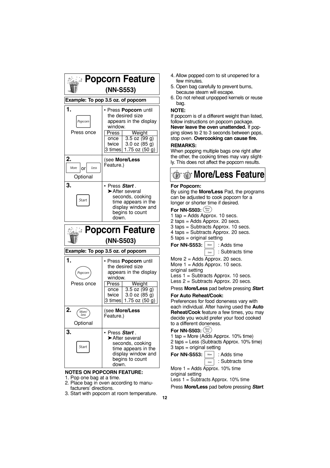 Panasonic NN-S553 important safety instructions Popcorn Feature, NN-S503 