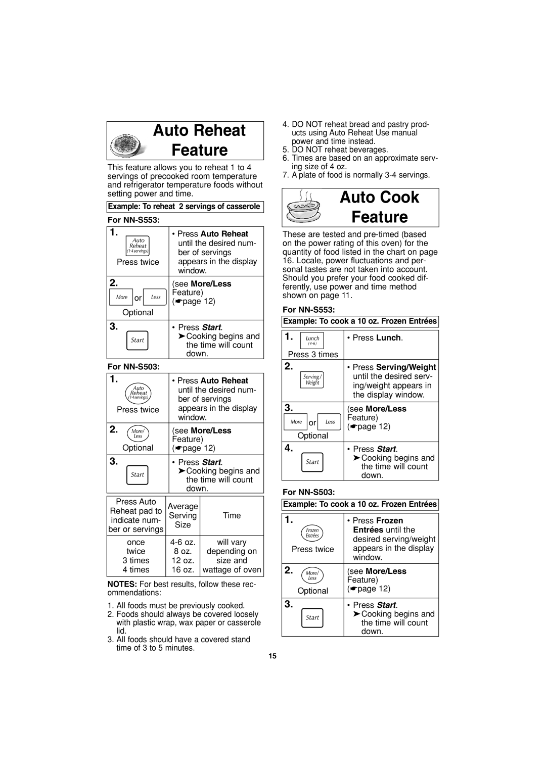 Panasonic NN-S503, NN-S553 important safety instructions Auto Reheat Feature, Auto Cook Feature 