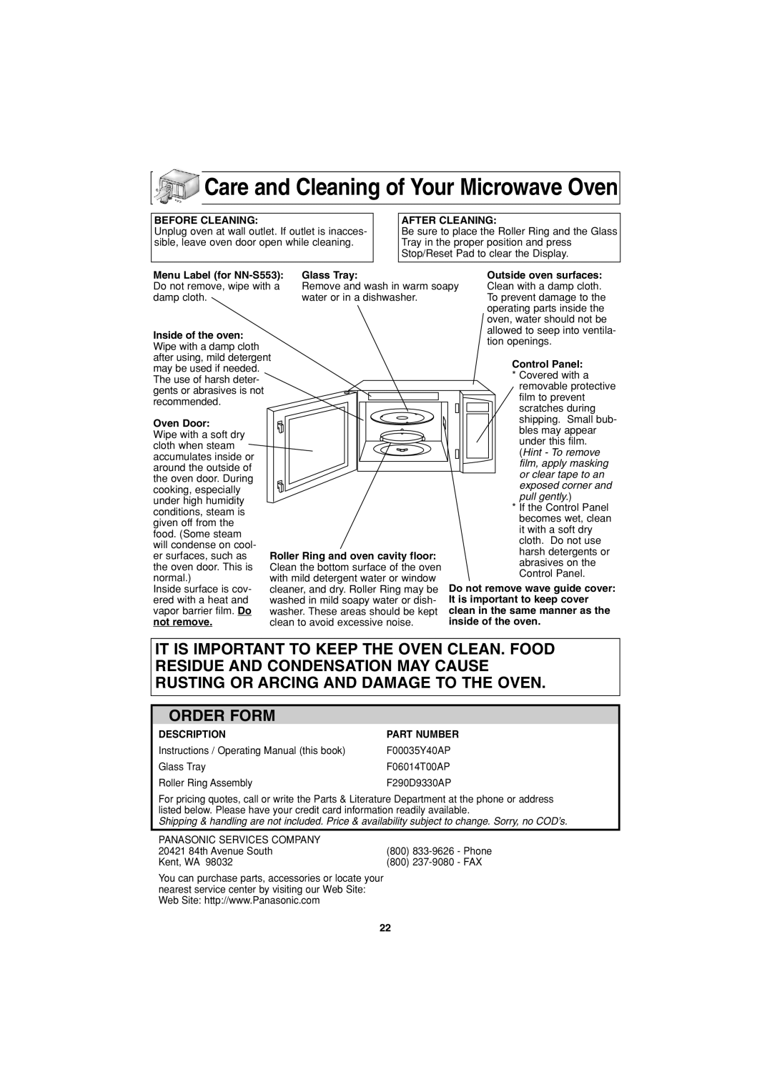 Panasonic NN-S553, NN-S503 important safety instructions Care and Cleaning of Your Microwave Oven 