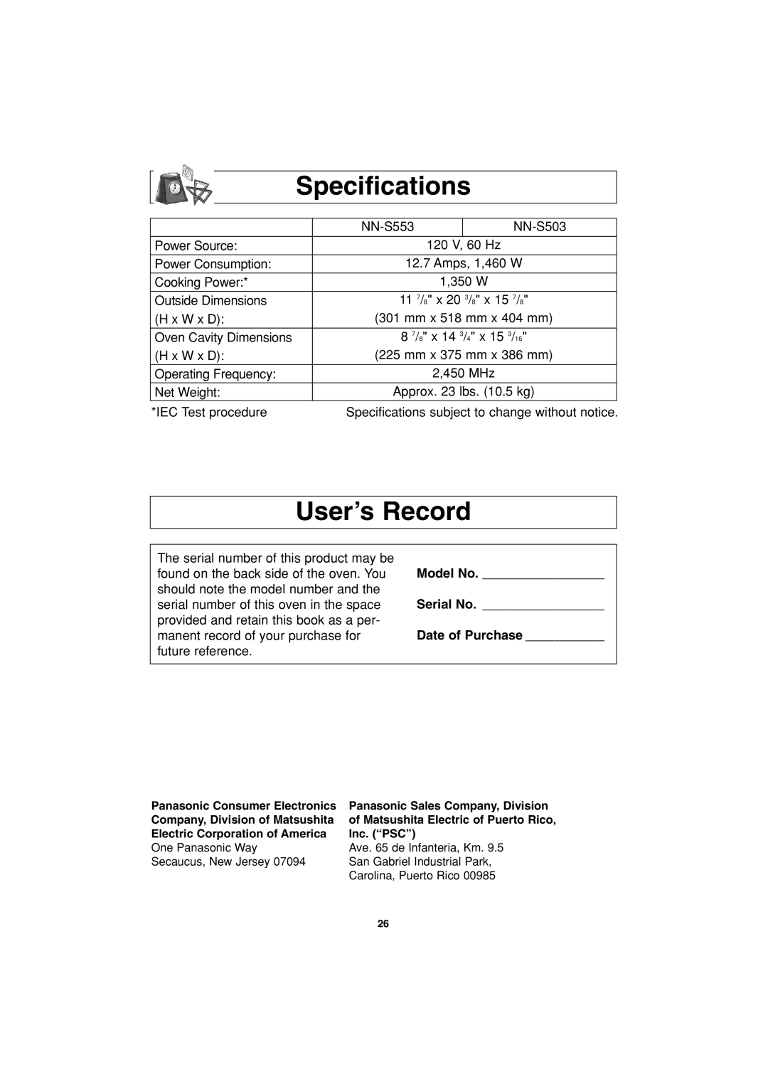 Panasonic NN-S553, NN-S503 Specifications, User’s Record, 11 7/ 8 x 20 3/ 8 x 15 7, 8 x 14 3/ 4 x 15 3 