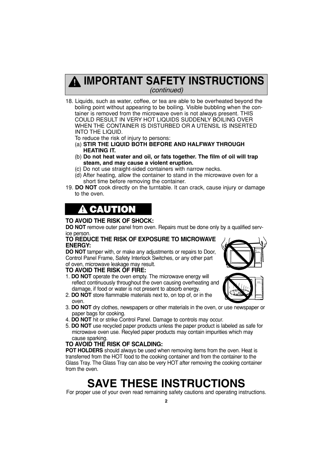 Panasonic NN-S553 Save These Instructions, continued, To Avoid The Risk Of Shock, Energy, To Avoid The Risk Of Fire 