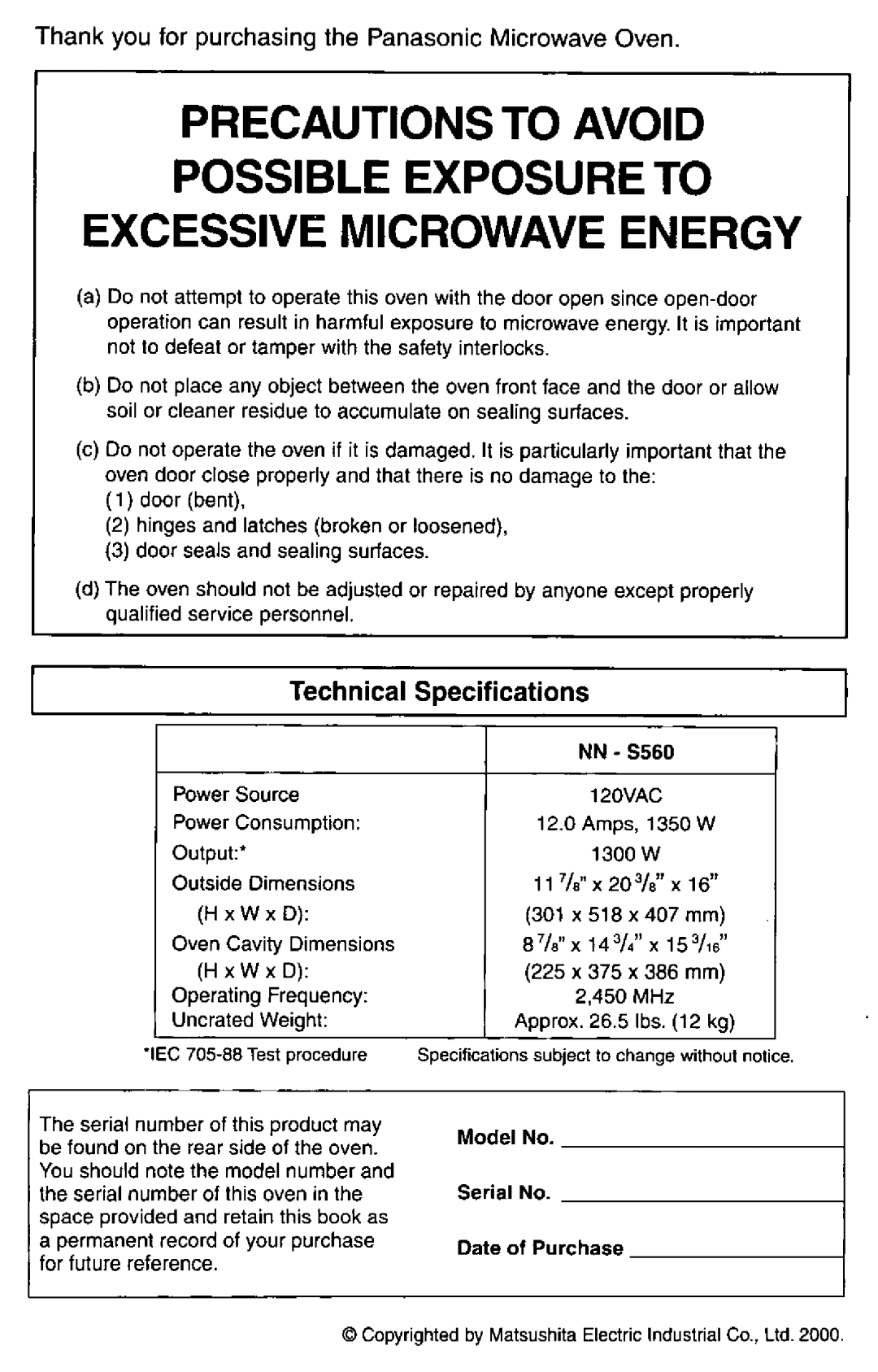 Panasonic NN-S560 manual 