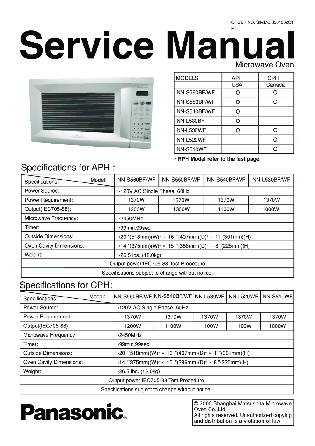 Panasonic NN-S560WF, NN-S560BF, NN-L530BF service manual Microwave Oven, RPH Model refer to the last 