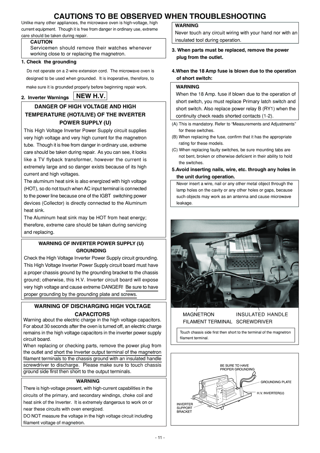 Panasonic NN-S560BF, NN-S560WF, NN-L530BF service manual Check the grounding, Inverter Warnings NEW H.V 