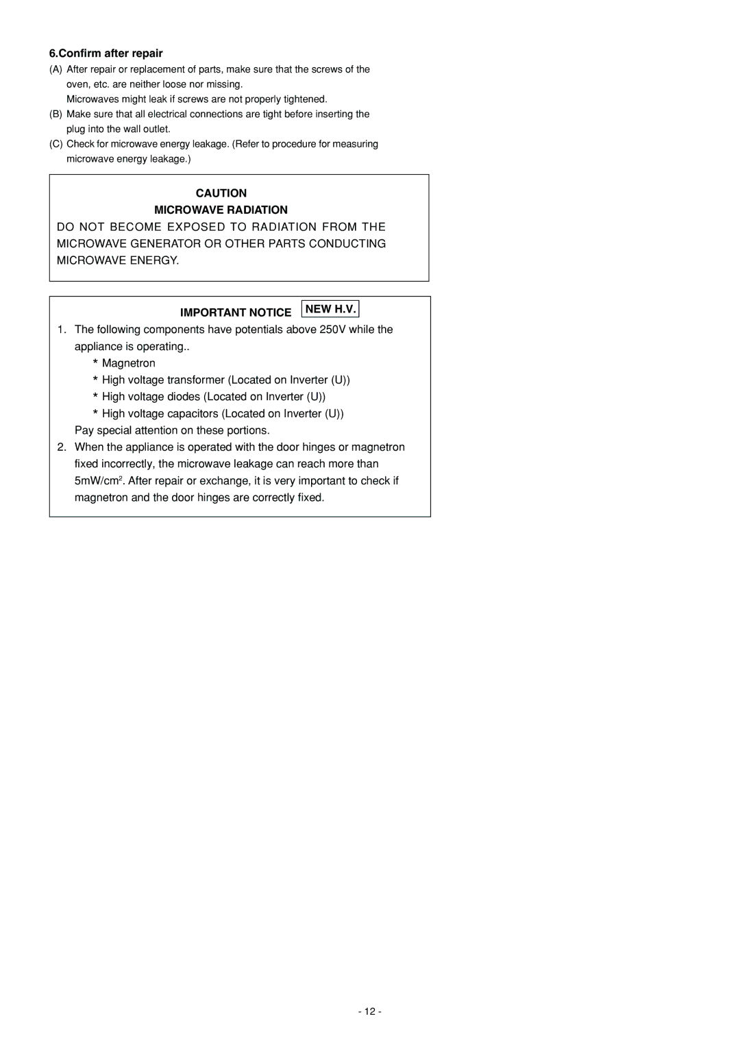 Panasonic NN-S560WF, NN-S560BF, NN-L530BF service manual Confirm after repair, Microwave Radiation 