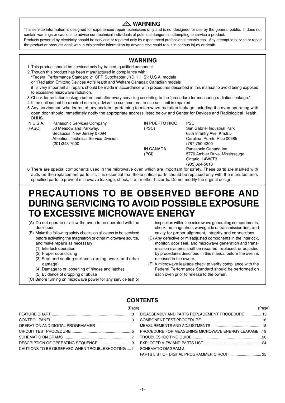 Panasonic NN-L530BF, NN-S560BF, NN-S560WF service manual Contents 