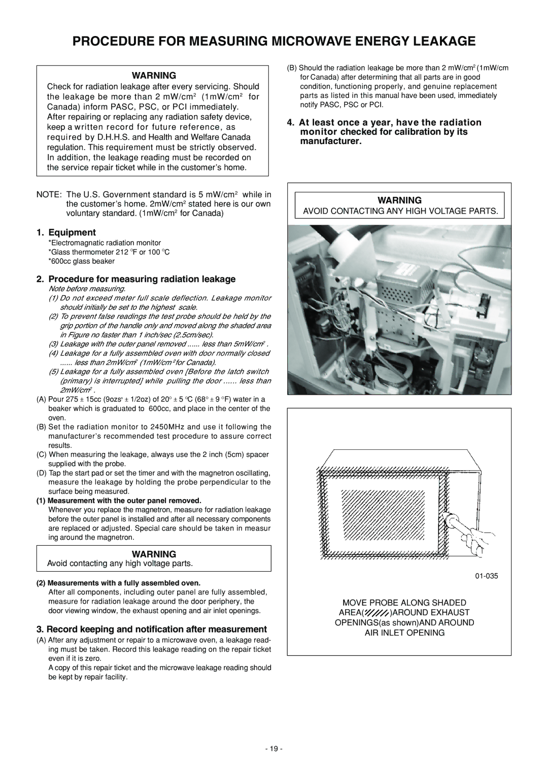 Panasonic NN-L530BF, NN-S560BF Procedure for Measuring Microwave Energy Leakage, Procedure for measuring radiation leakage 