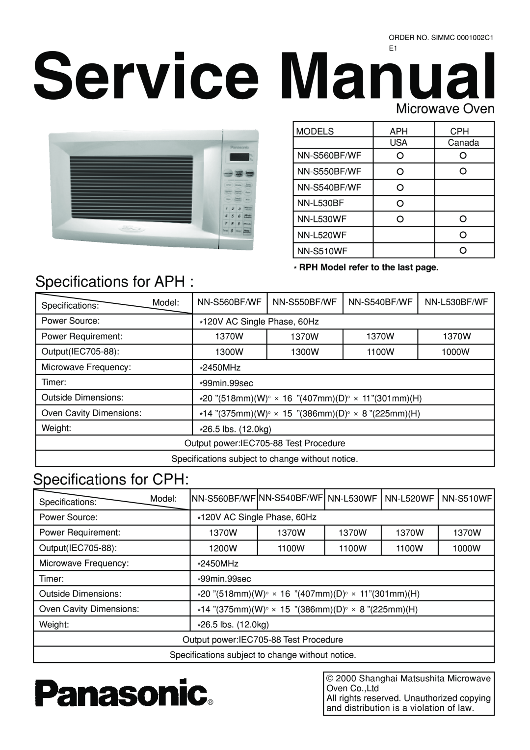 Panasonic NN-S560WF, NN-S560BF, NN-L530BF service manual Specifications for APH, Specifications for CPH, Microwave Oven 