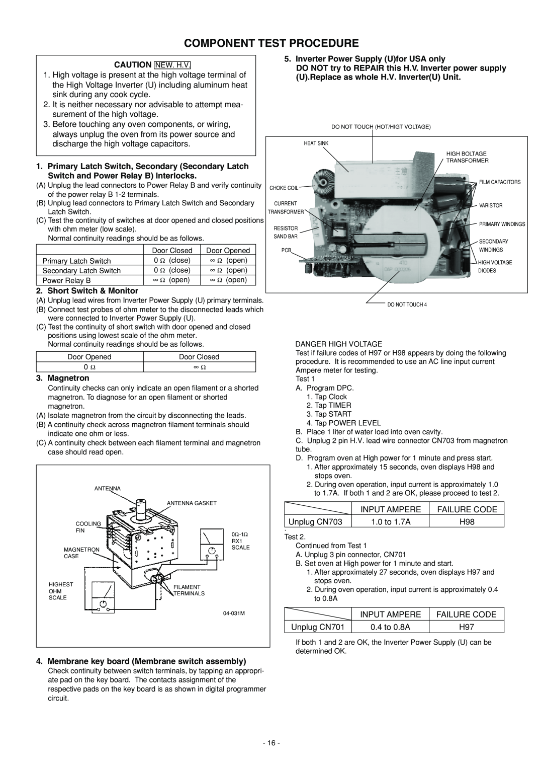Panasonic NN-L530BF Component Test Procedure, Inverter Power Supply Ufor USA only, U.Replace as whole H.V. InverterU Unit 