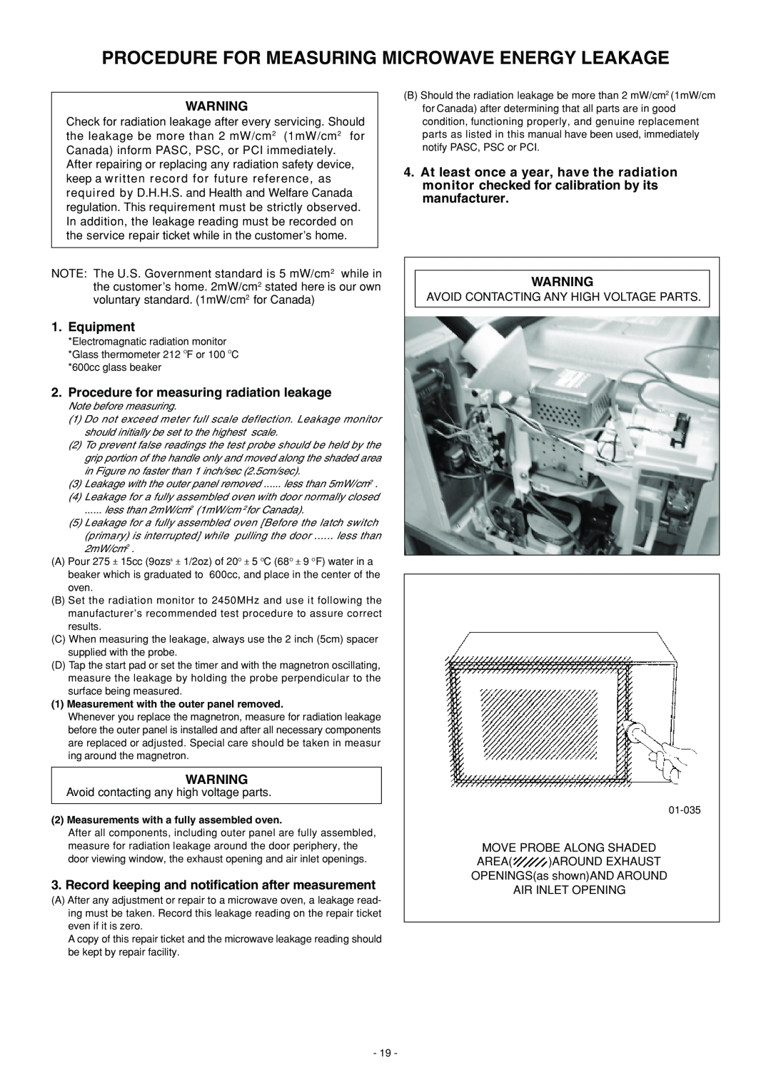 Panasonic NN-L530BF Procedure For Measuring Microwave Energy Leakage, Equipment, Procedure for measuring radiation leakage 