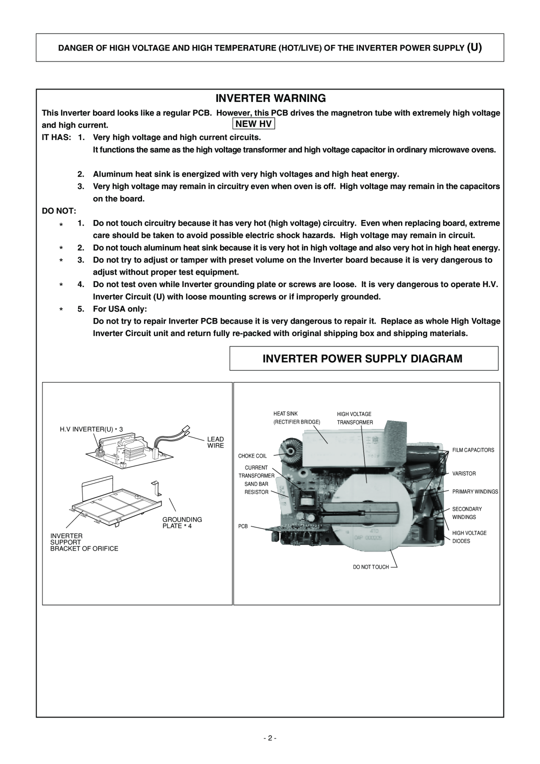 Panasonic NN-S560BF Inverter Warning, Inverter Power Supply Diagram, New Hv, and high current, Do Not, For USA only 