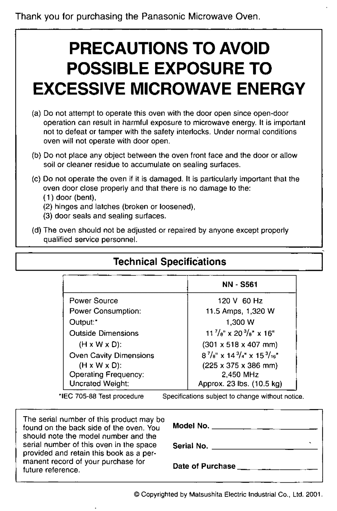 Panasonic NN-S561 manual 