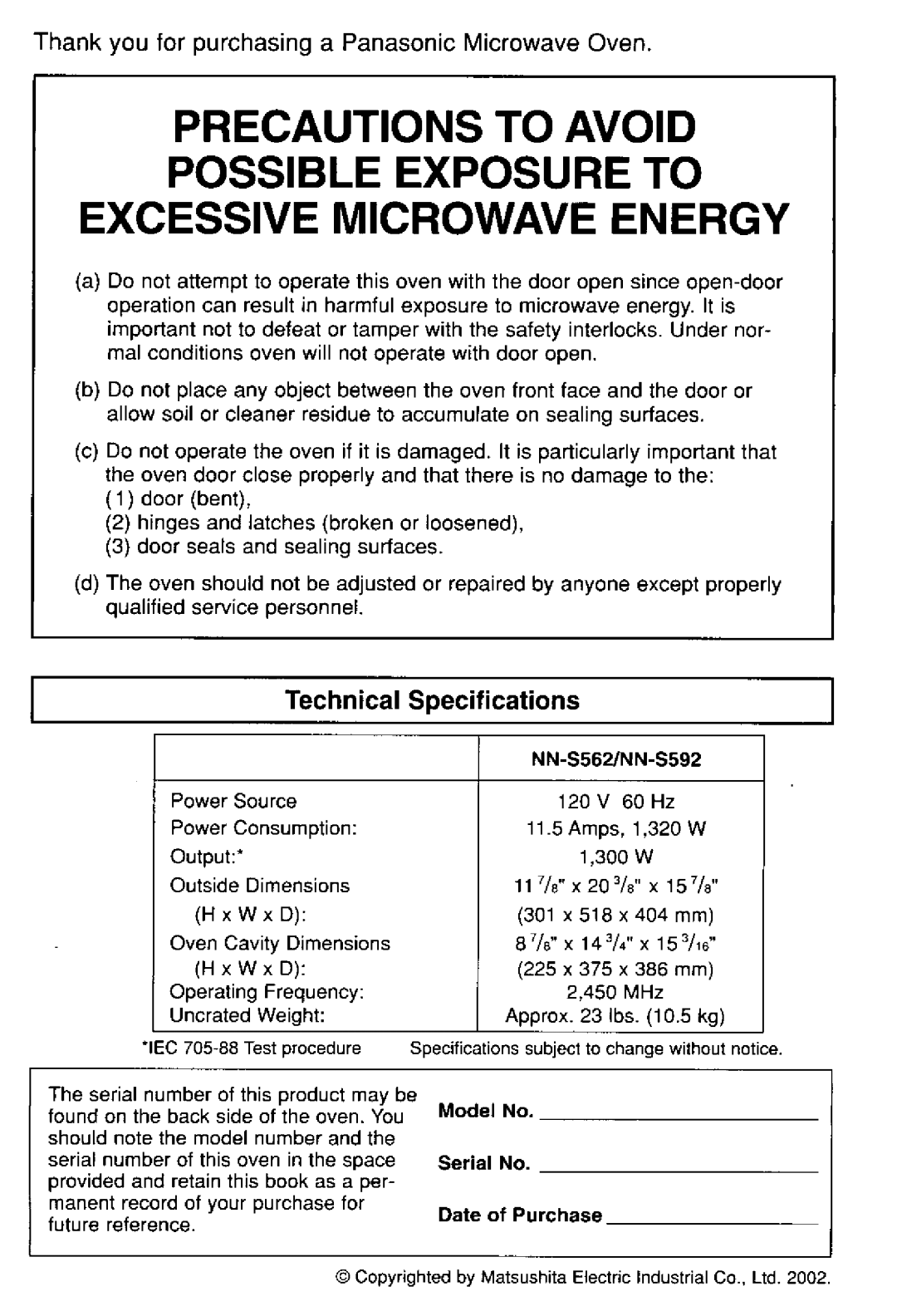 Panasonic NN-S562, NN-S592 manual 