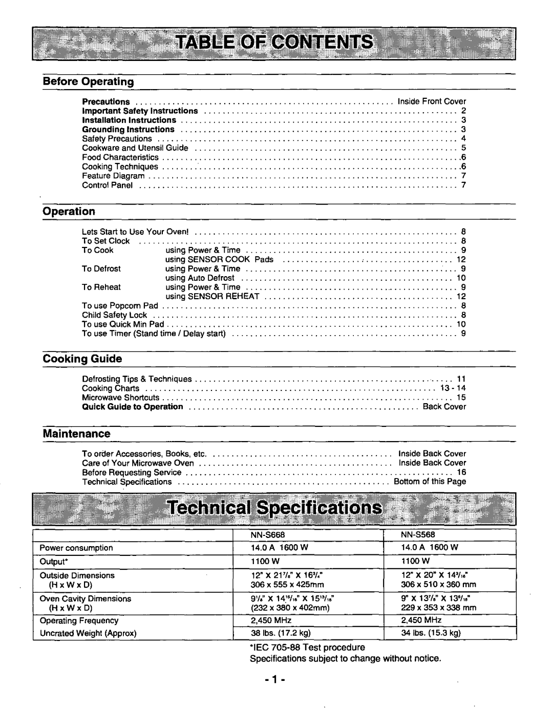 Panasonic NNS668, NN-S568 manual 