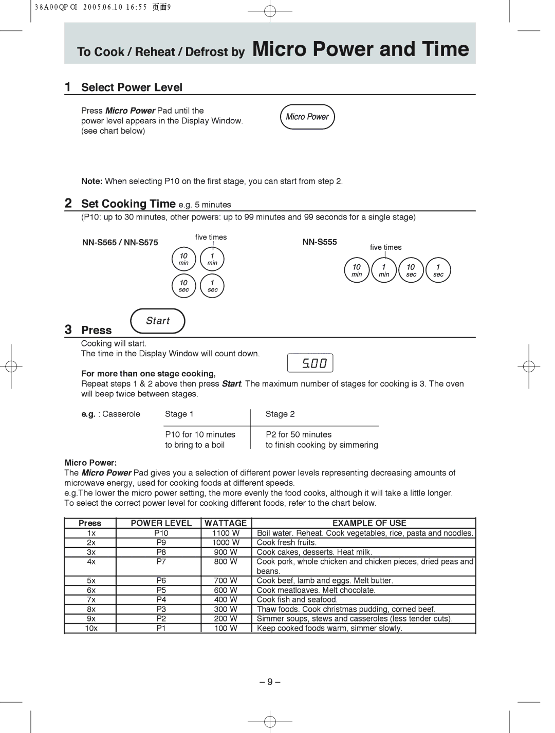 Panasonic NN-S565, NN-S575, NN-S555 manual Set Cooking Time e.g minutes, Power Level Wattage Example of USE 