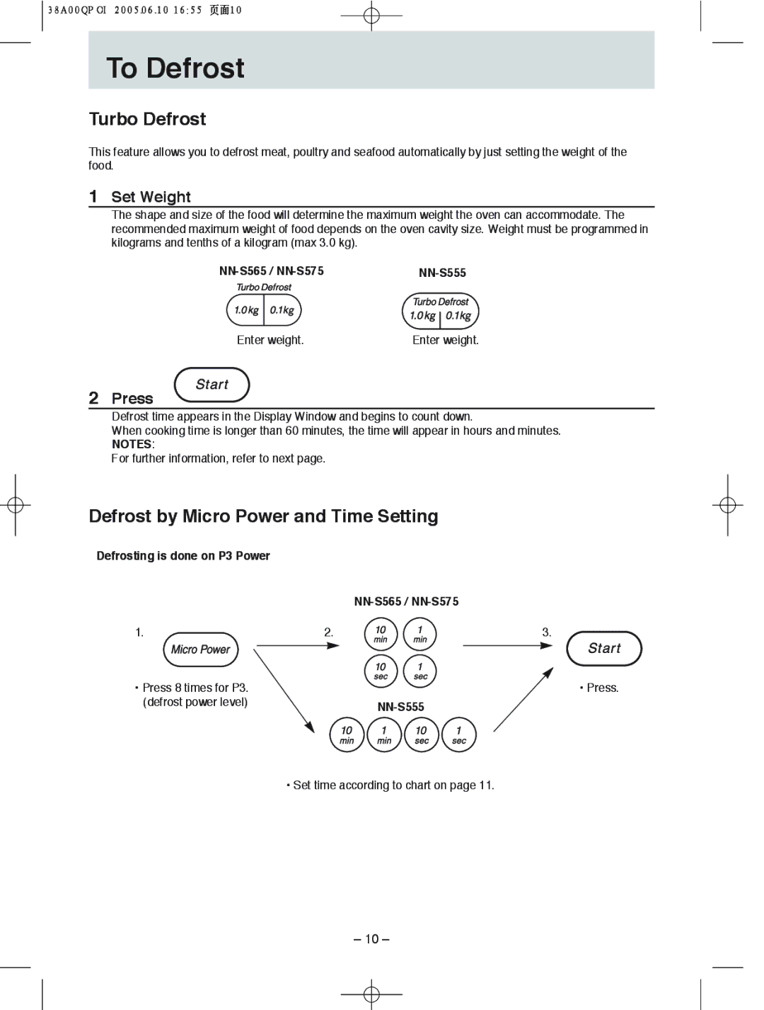 Panasonic NN-S555 manual To!!Defrost, Set Weight, Defrosting is done on P3 Power NN-S565 / NN-S575 