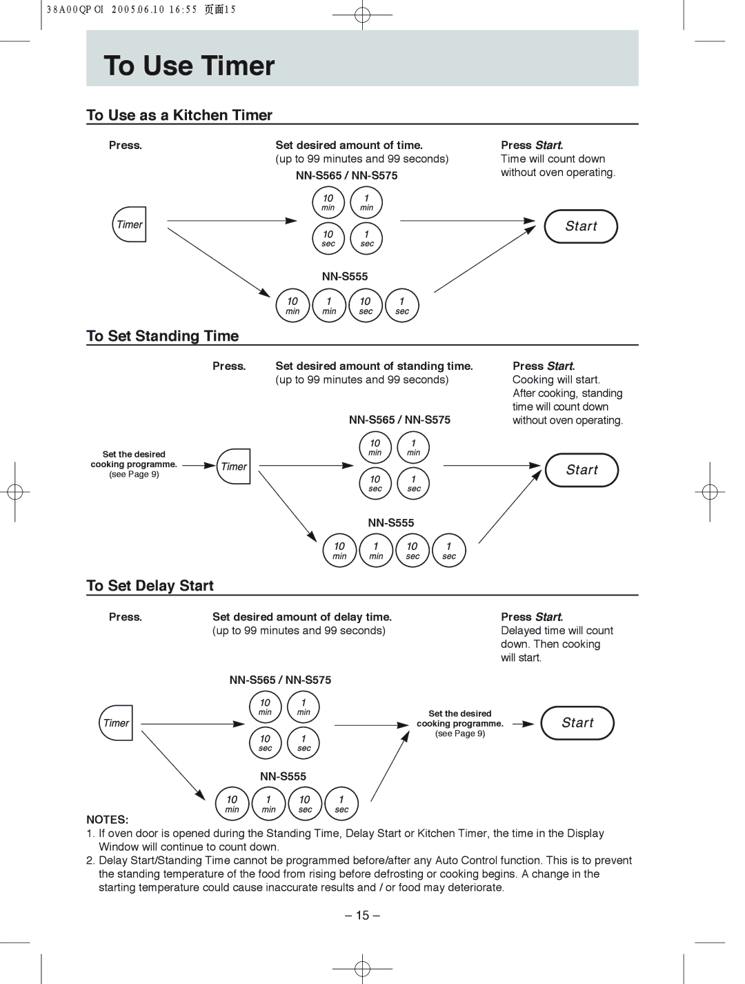 Panasonic NN-S565, NN-S575, NN-S555 To!!Use! !!!Timer, To Use as a Kitchen Timer, To Set Standing Time, To Set Delay Start 