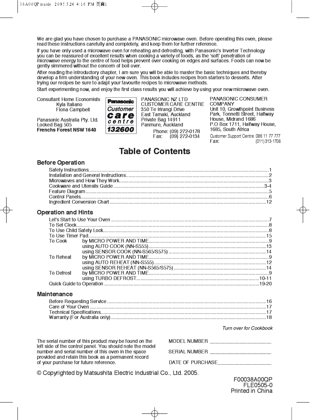 Panasonic NN-S565, NN-S575, NN-S555 manual Table of Contents 