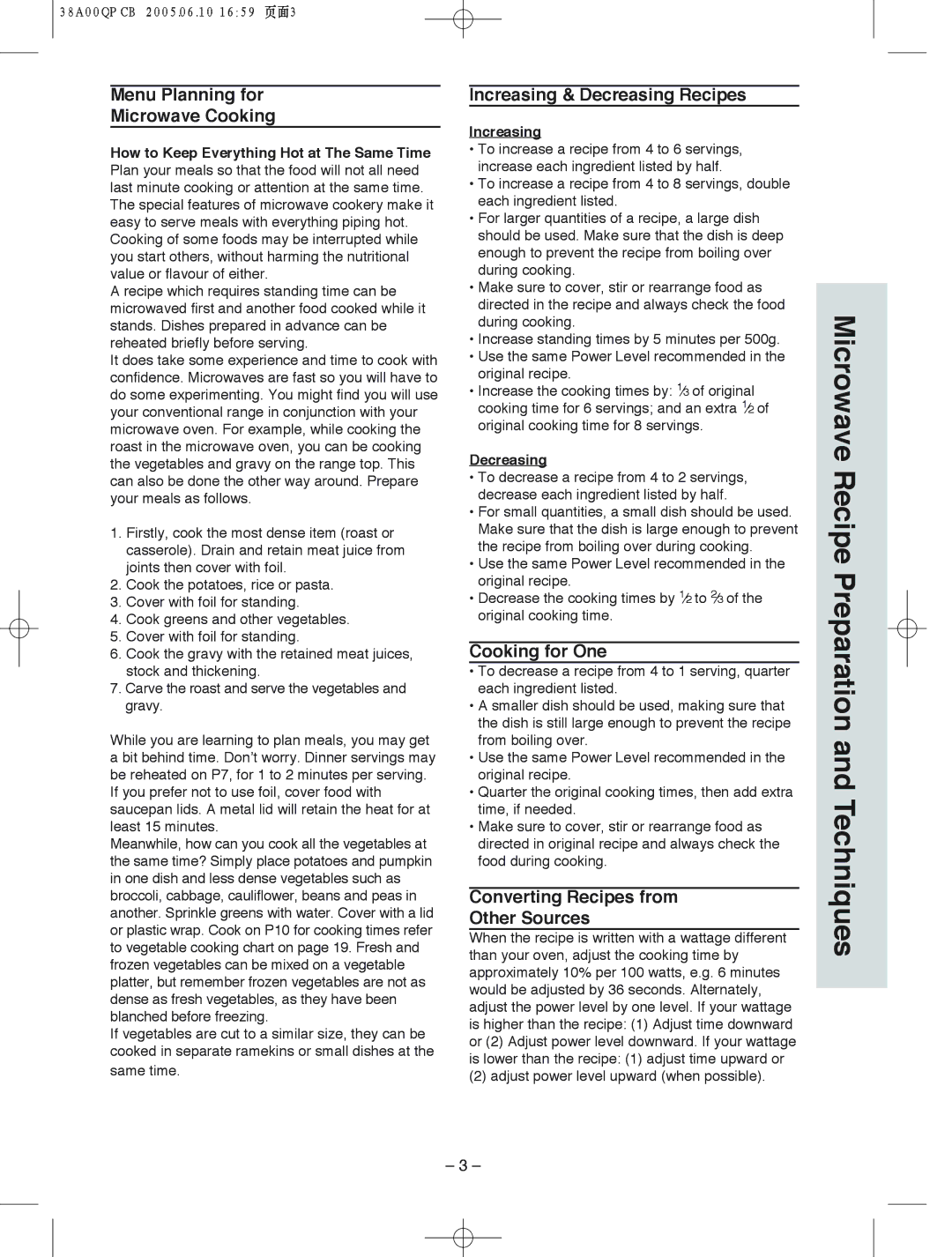 Panasonic NN-S555, NN-S575, NN-S565 Menu Planning for Microwave Cooking, Increasing & Decreasing Recipes, Cooking for One 