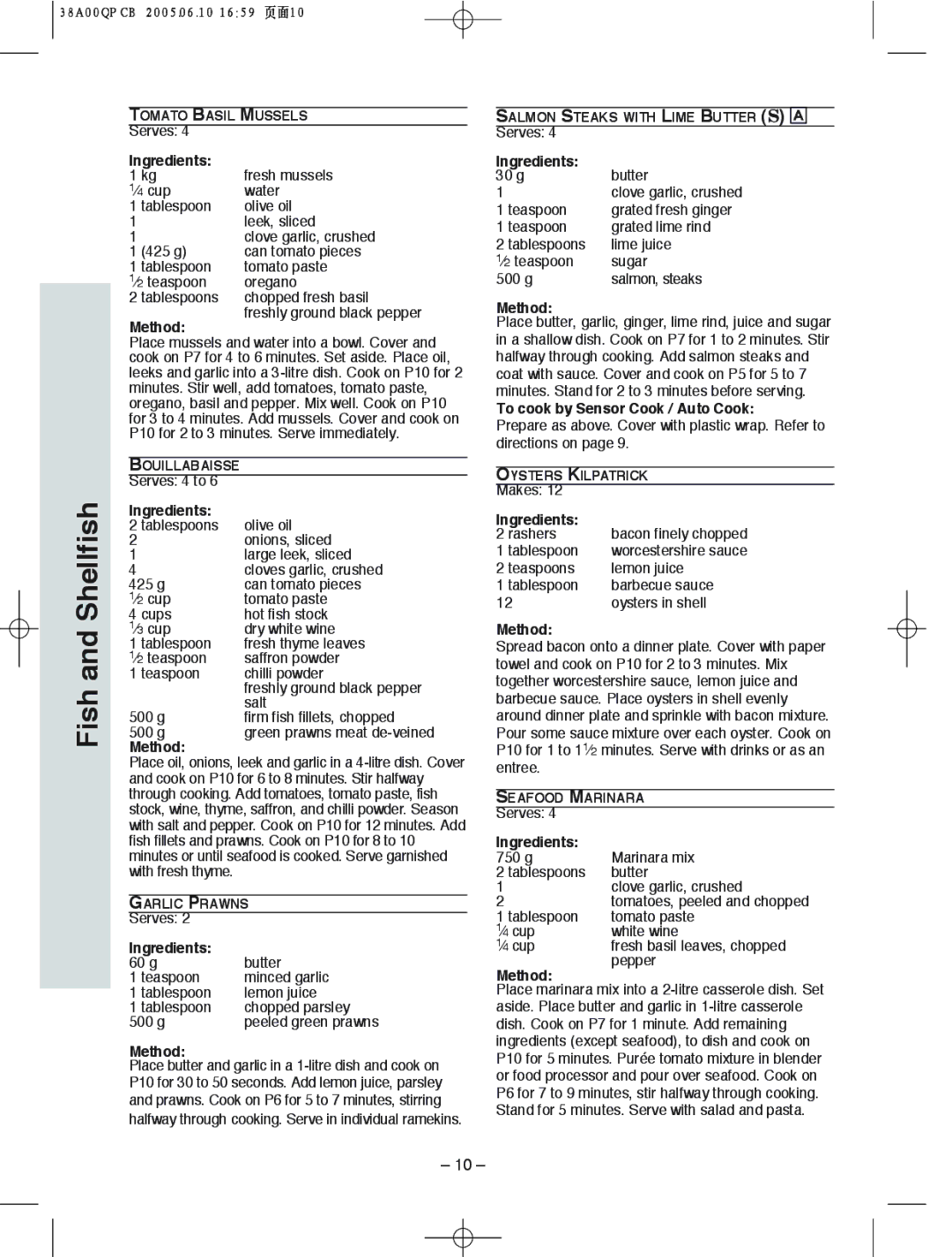 Panasonic NN-S565, NN-S575, NN-S555 manual Shellfish, Fish 