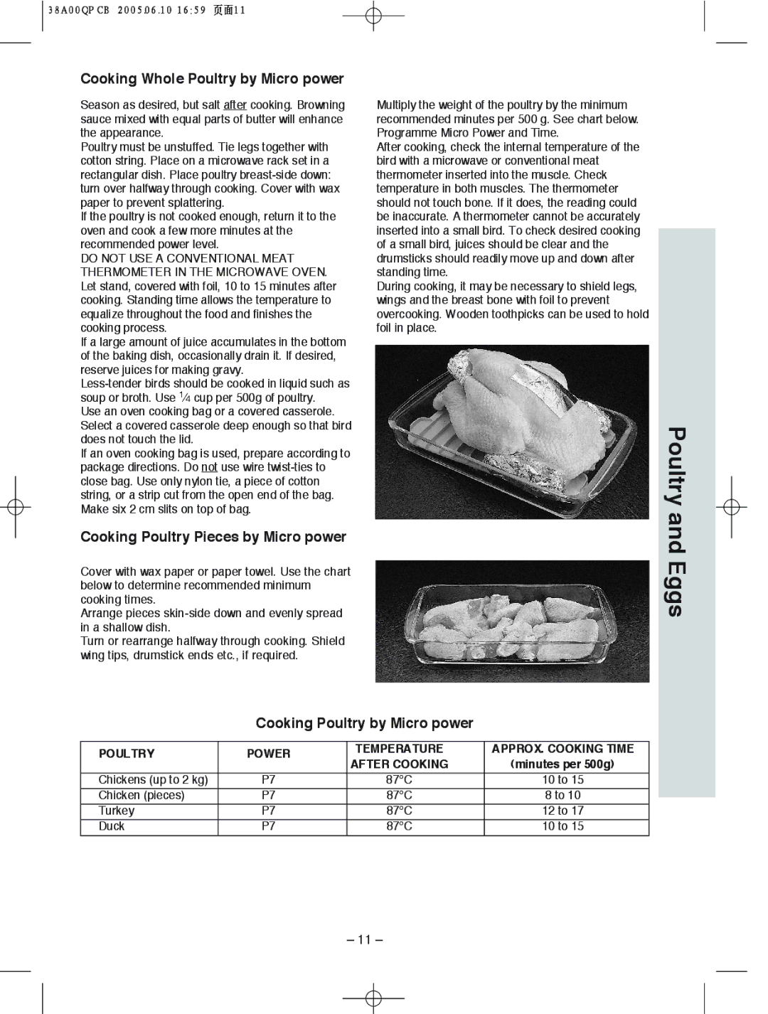 Panasonic NN-S575, NN-S555, NN-S565 Eggs, Cooking Whole Poultry by Micro power, Cooking Poultry Pieces by Micro power 