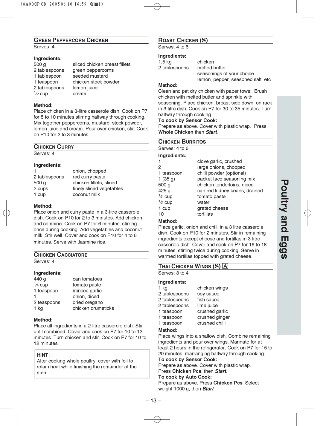 Panasonic NN-S565, NN-S575, NN-S555 manual Poultry and Eggs 